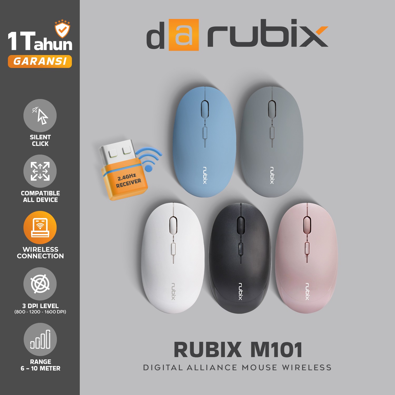 Mouse Office DA Rubix M101 Wireless Silent Click Lightweight Ergonomis