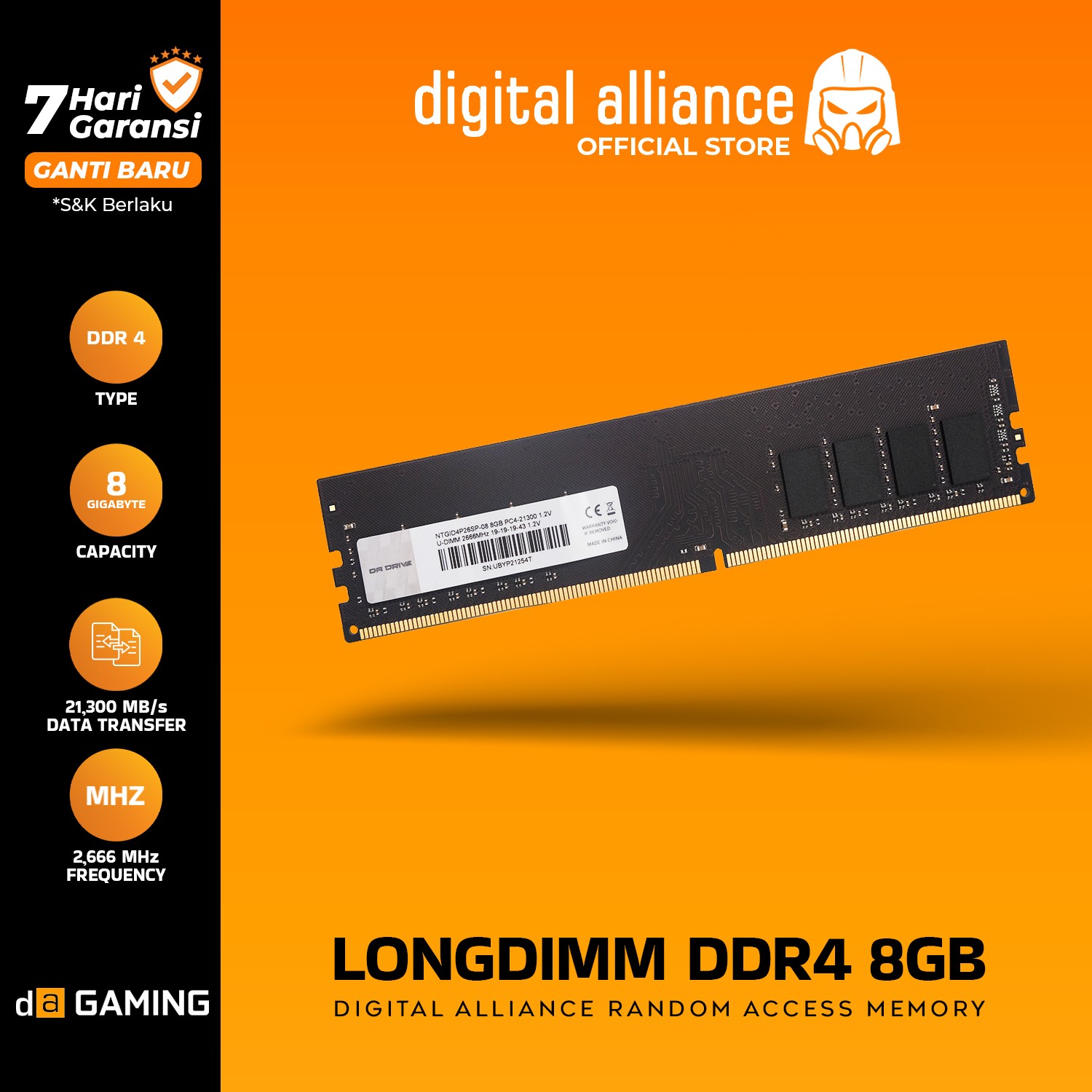 RAM DA  8GB DDR4 2666MHz PC4-21300 MEMORY PC LONGDIMM DRIVE