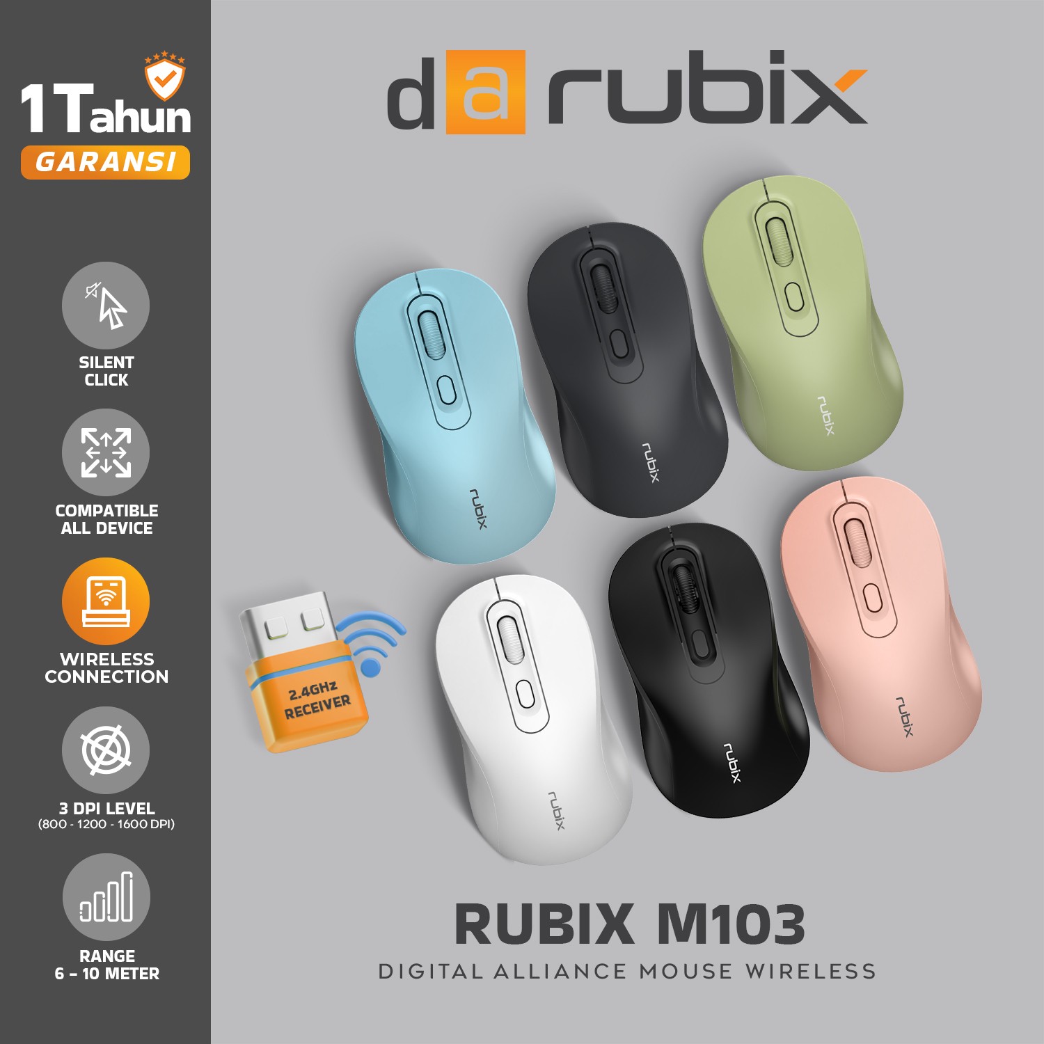 Mouse Office DA Rubix M103 Wireless Silent Click Lightweight Ergonomis