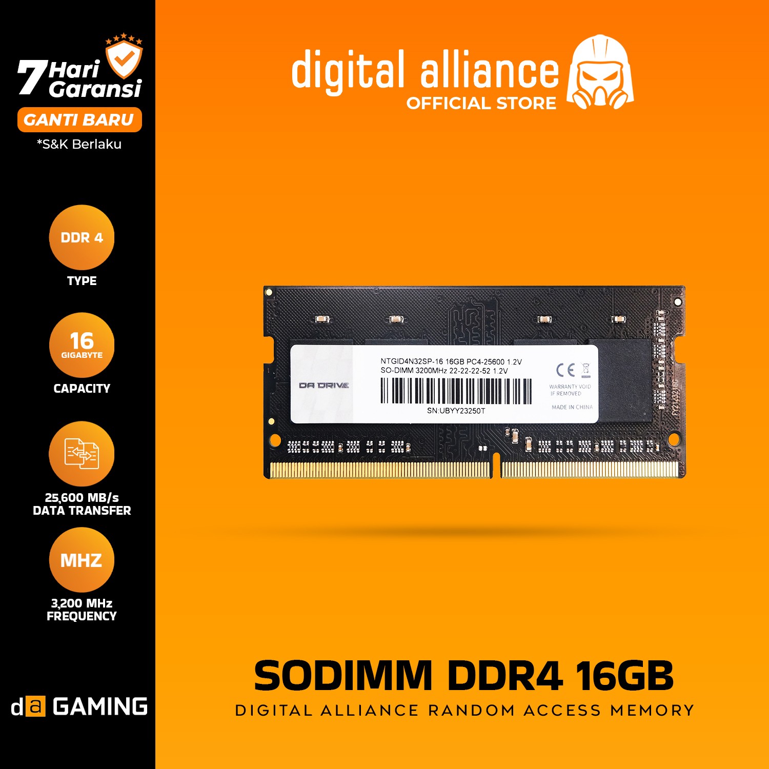 RAM DA SO-DIMM DDR4 16GB PC 3200 Ram Leptop